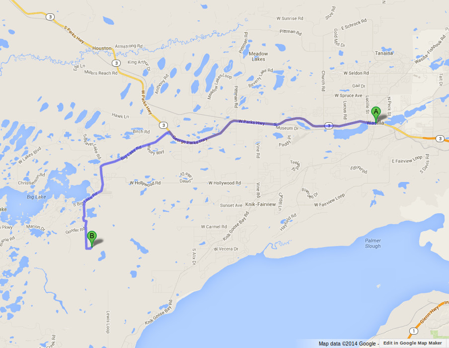 Map showing Wasilla to our house in Big Lake
